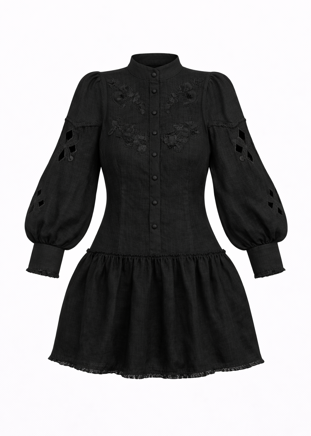 Rochie mini neagră din in brodată cu spatele gol