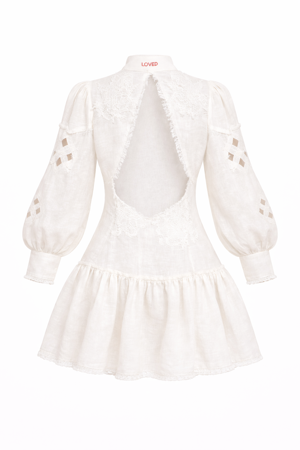 Rochie mini albă din in brodată cu spatele gol