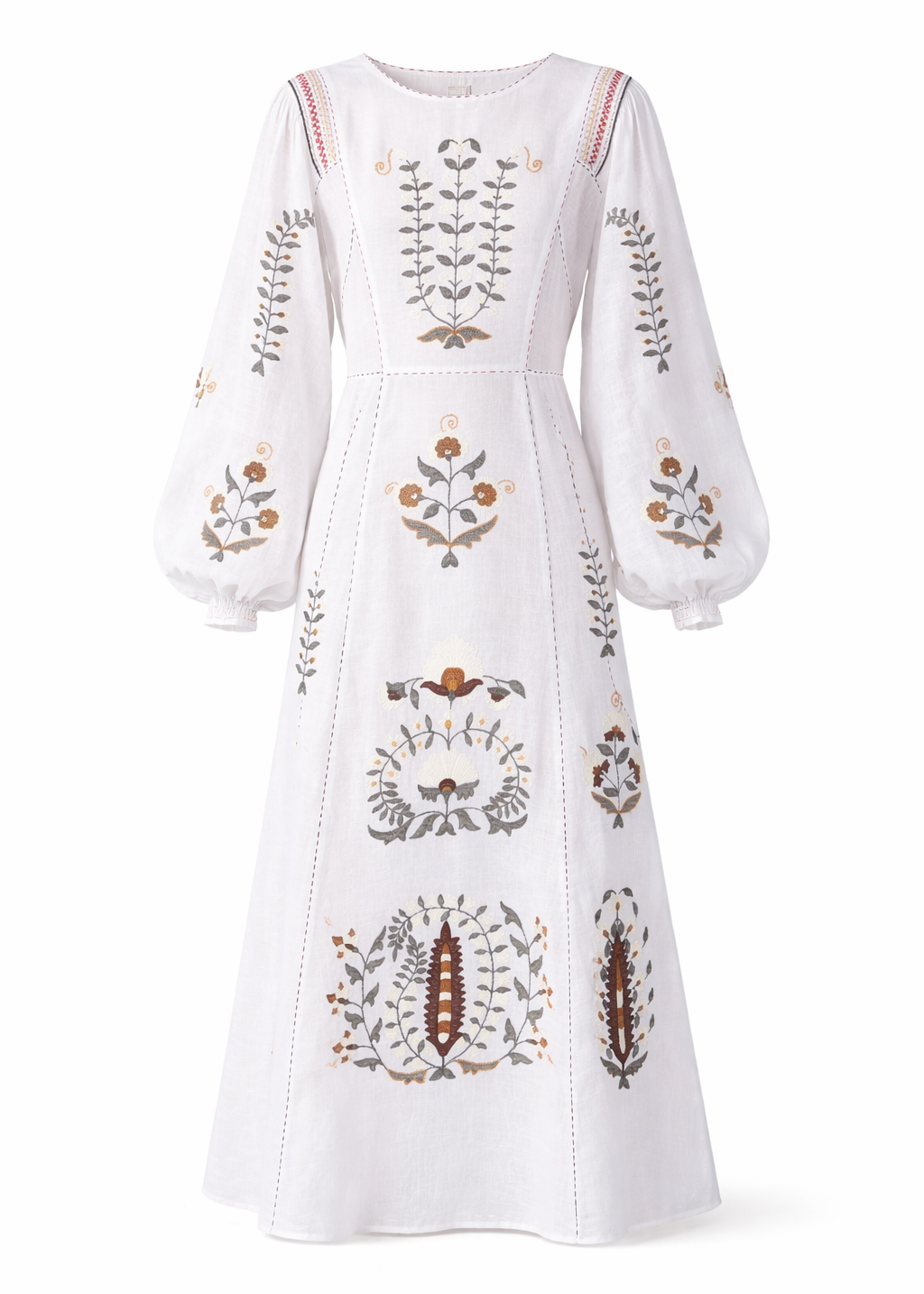 Embroidered Linen Midi Dress with Floral Details – Lucilla