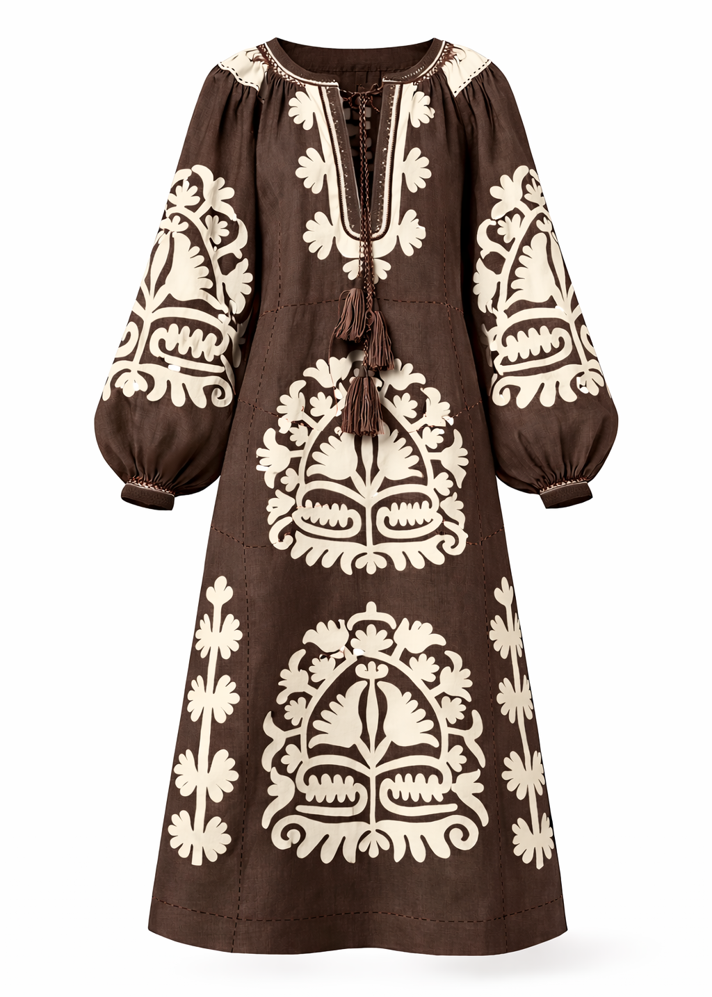Brown dress with white embroidery on a white background