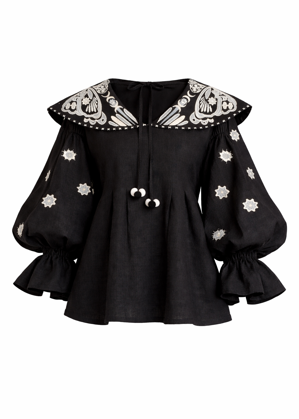 Bluză neagră Lehit din in cu guler brodat