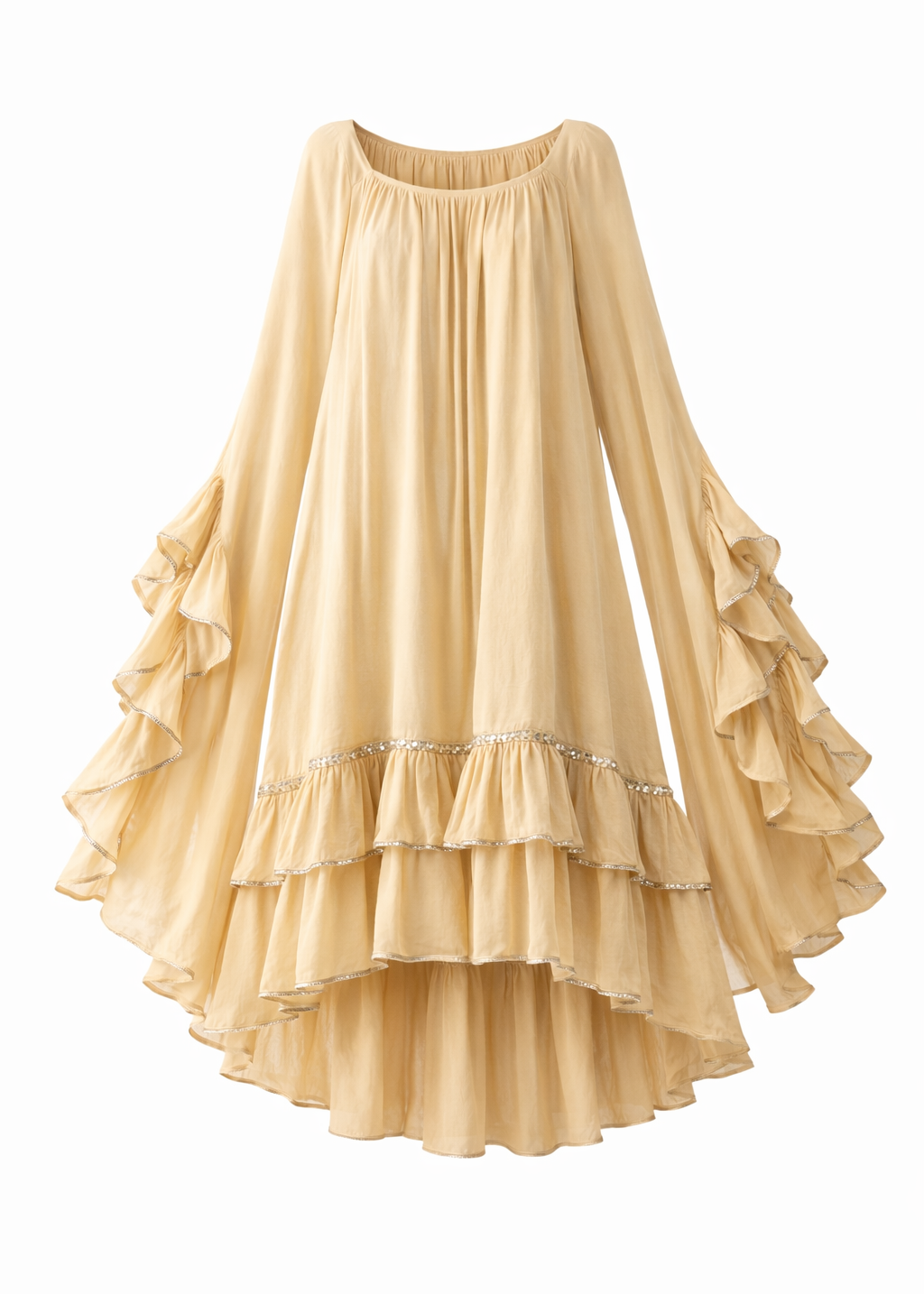 Flowy Cream Blackless Dress with Oversized Ruffle Sleeves