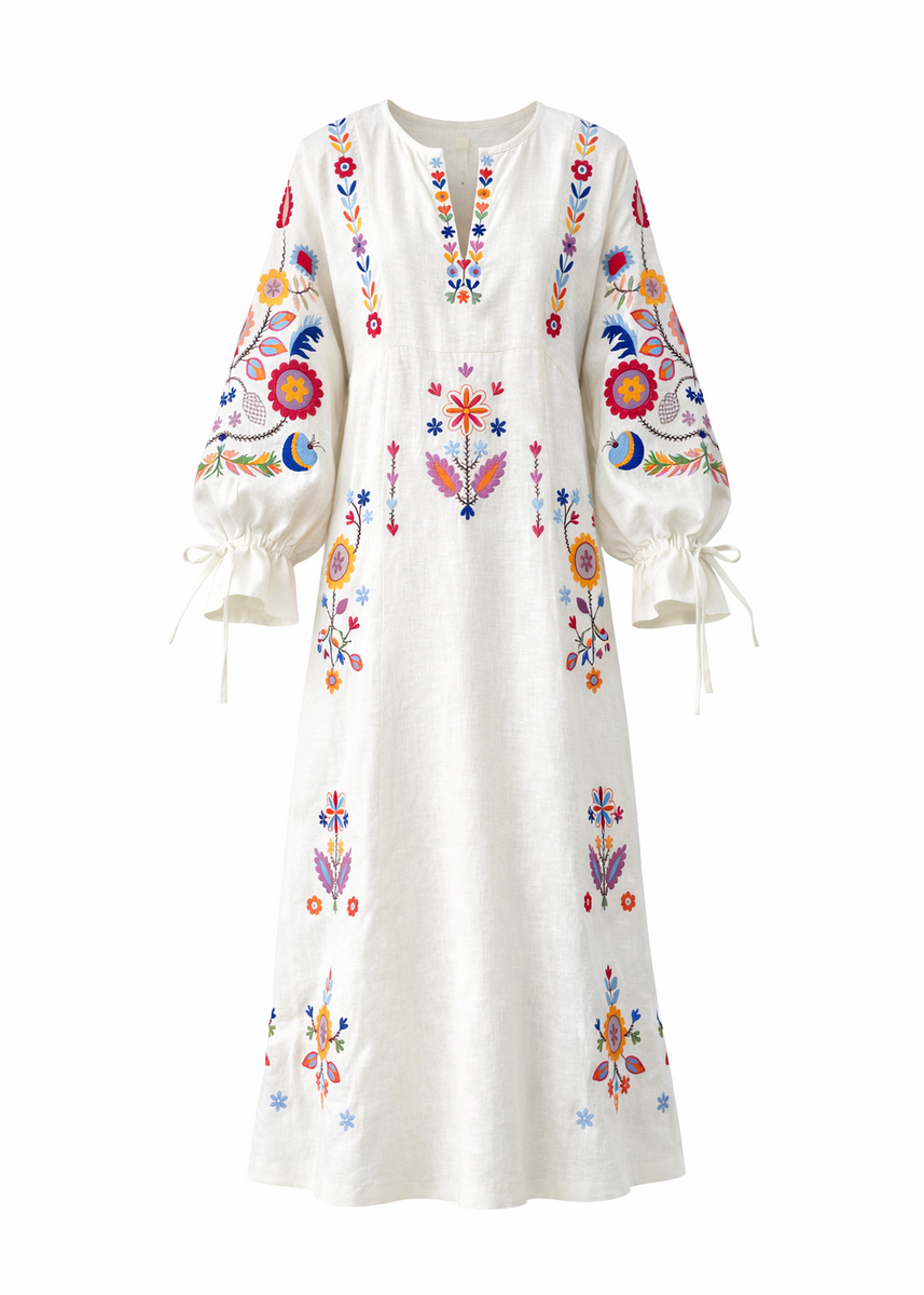 Embroidered White Linen Dress with Floral Motifs – Sobachko