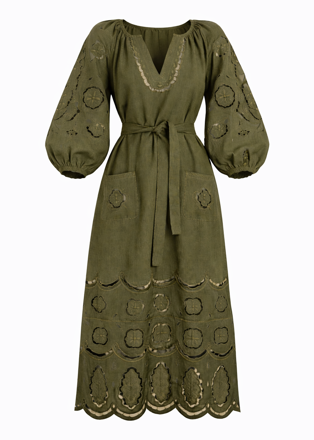 Embroidered midi linen green olive dress with ornaments Laetitia