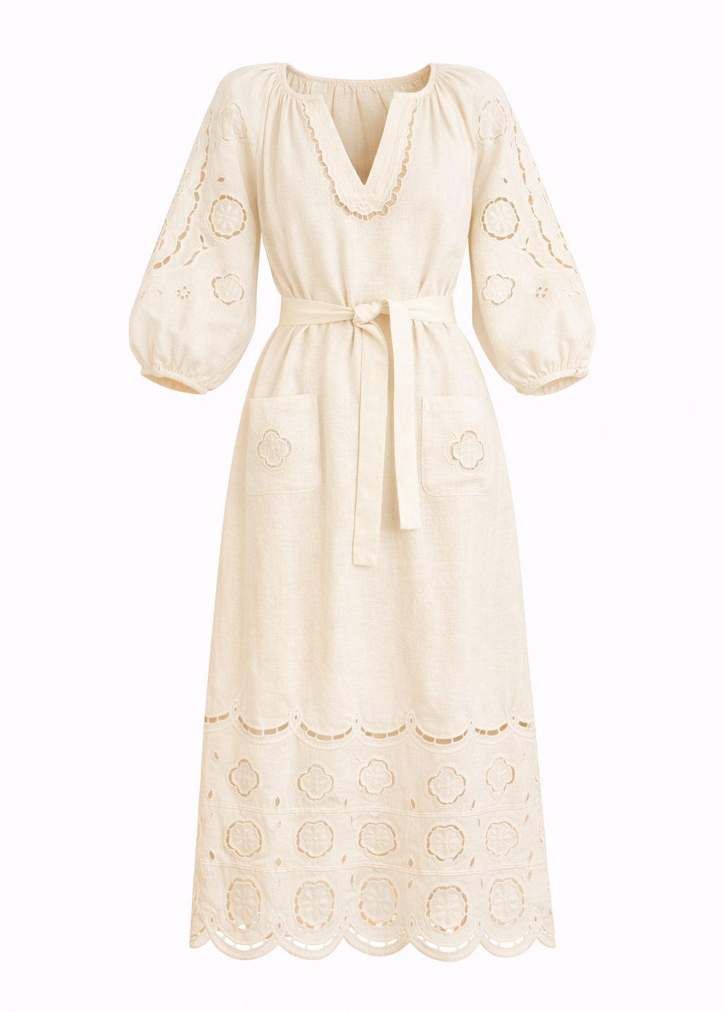 Embroidered midi linen ivrory dress with ornaments Laetitia