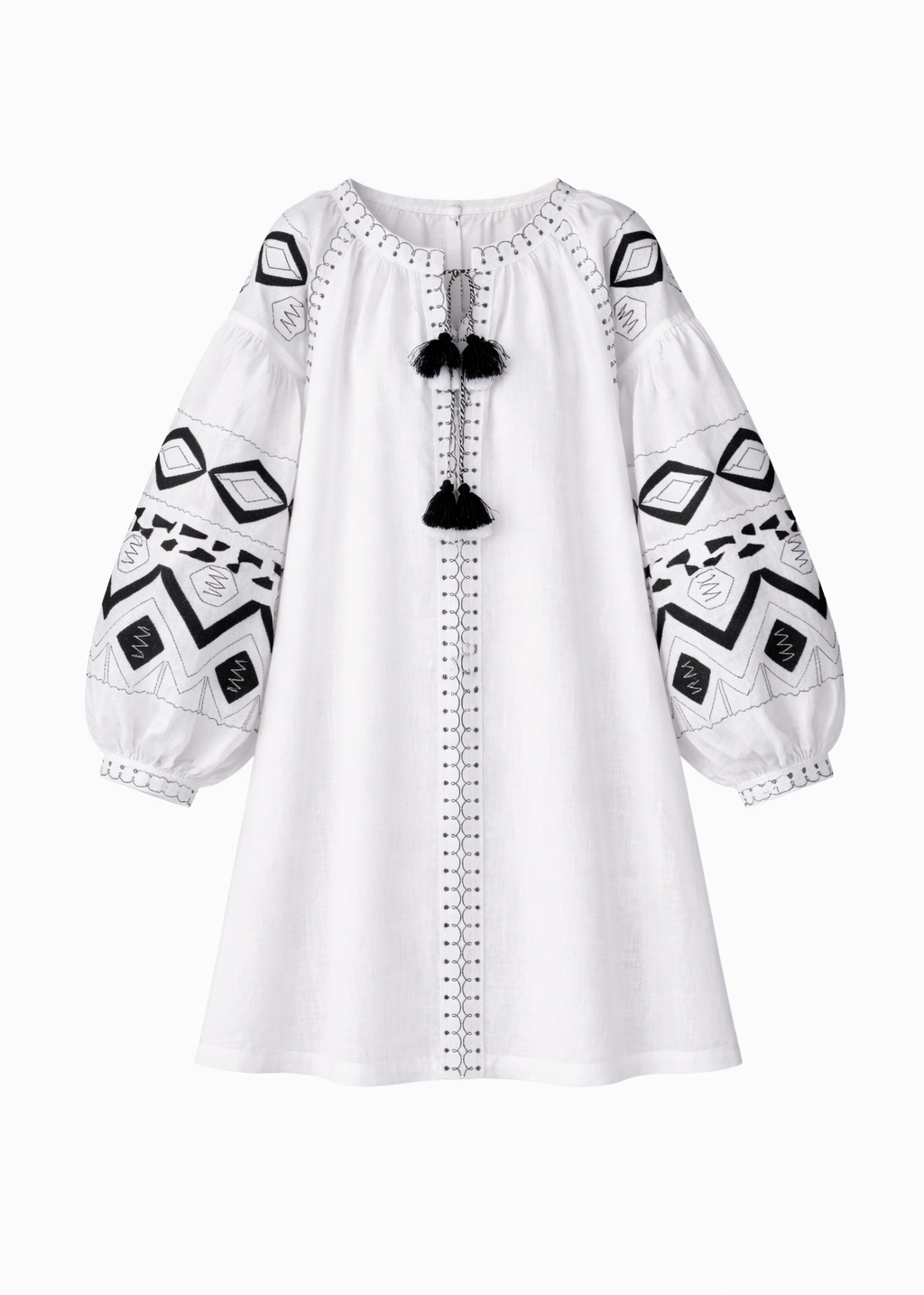White Linen Mini Dress with Geometric Embroidery – Neith
