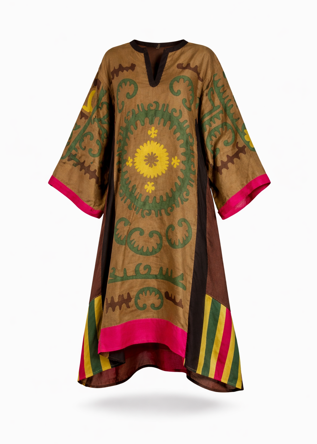 Embroidered midi linen brown dress with ornaments - Amina