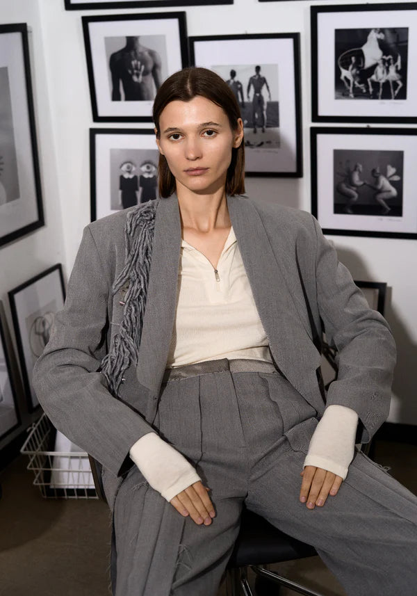 Grey Pleated Wide-Leg Trousers with Raw Edges