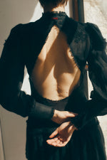 Load image into Gallery viewer, Embroidered semi fitted backless black dress
