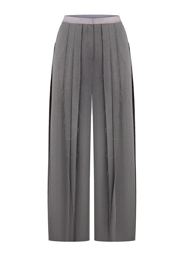 Grey Pleated Wide-Leg Trousers with Raw Edges