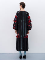 Load image into Gallery viewer, Black linen embroidered dress with contrasting ornaments and tassels Tera
