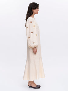 Beige Linen Embroidered Dress Yasmin