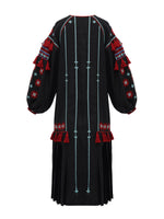 Load image into Gallery viewer, Black linen embroidered dress with contrasting ornaments and tassels Tera

