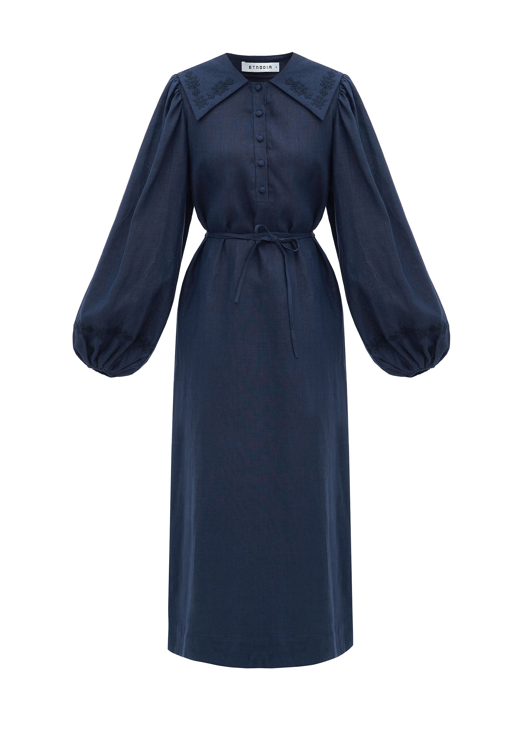 Navy Linen Dress with Floral Embroidered Accents – Pervotsvit