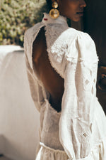 Load image into Gallery viewer, Embroidered semi fitted backless white dress
