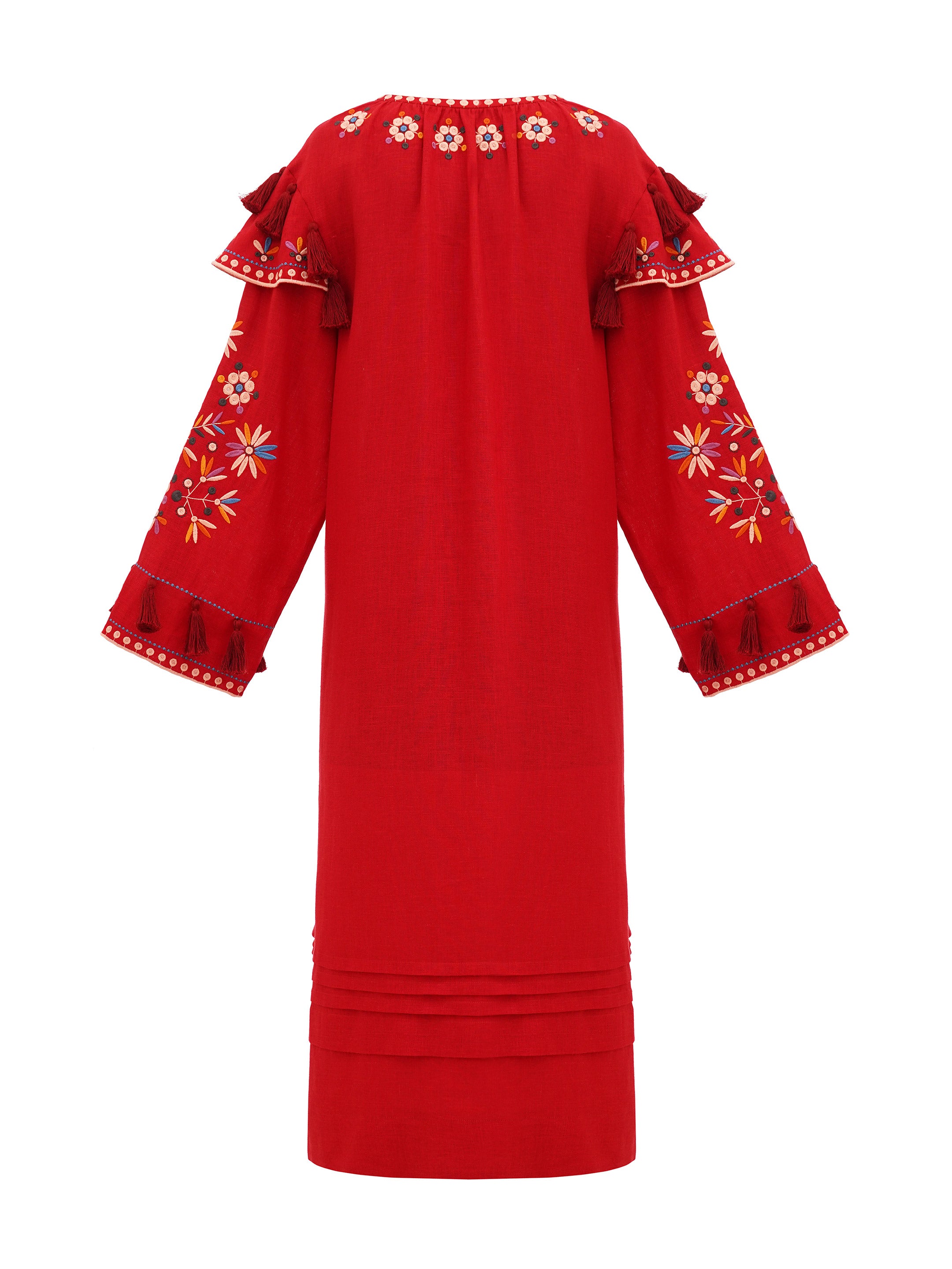 Rochia Vesnyanka roșie brodată cu motive florale și ciucuri