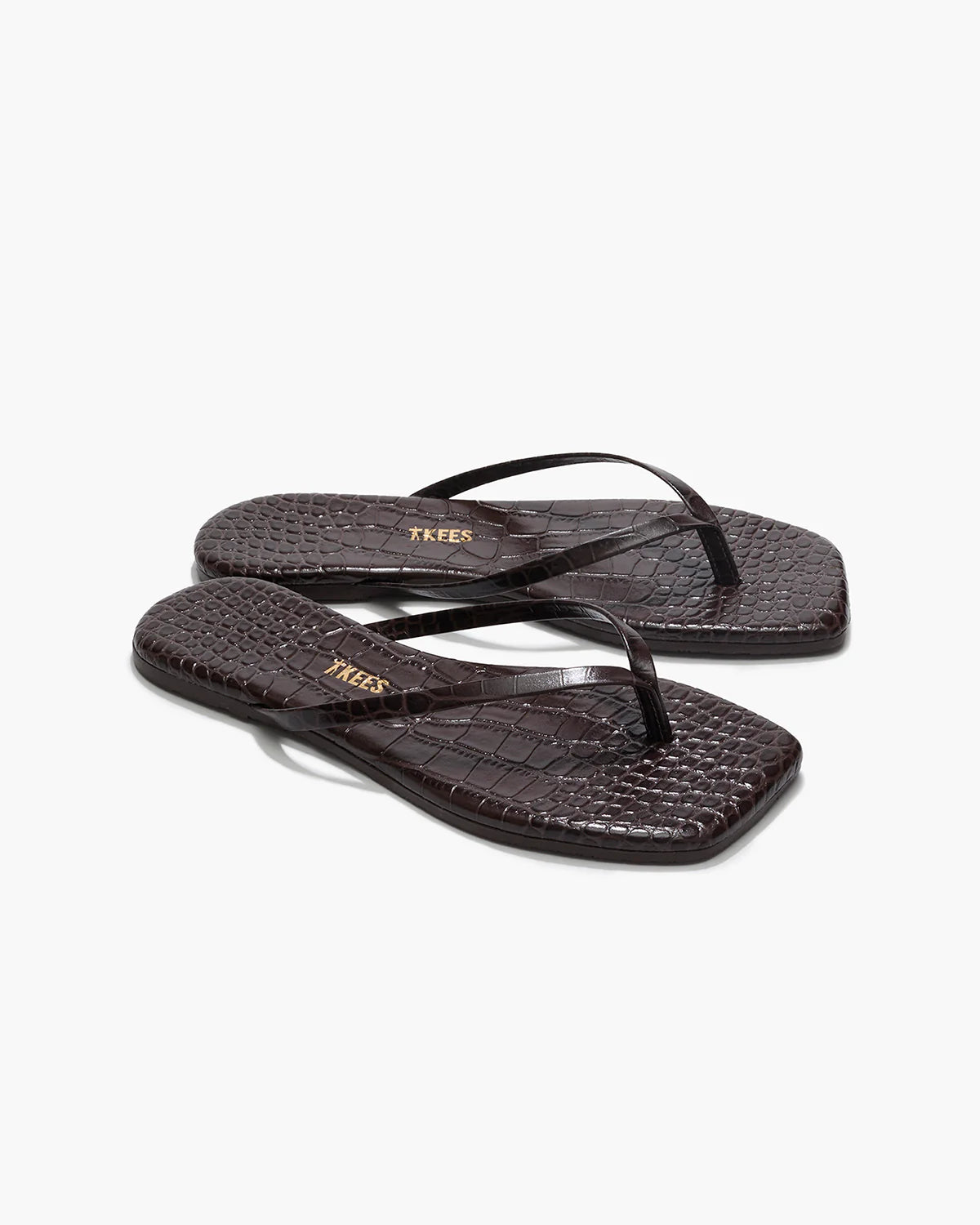 TKEES Square Croc Brown Leather Flip-Flops