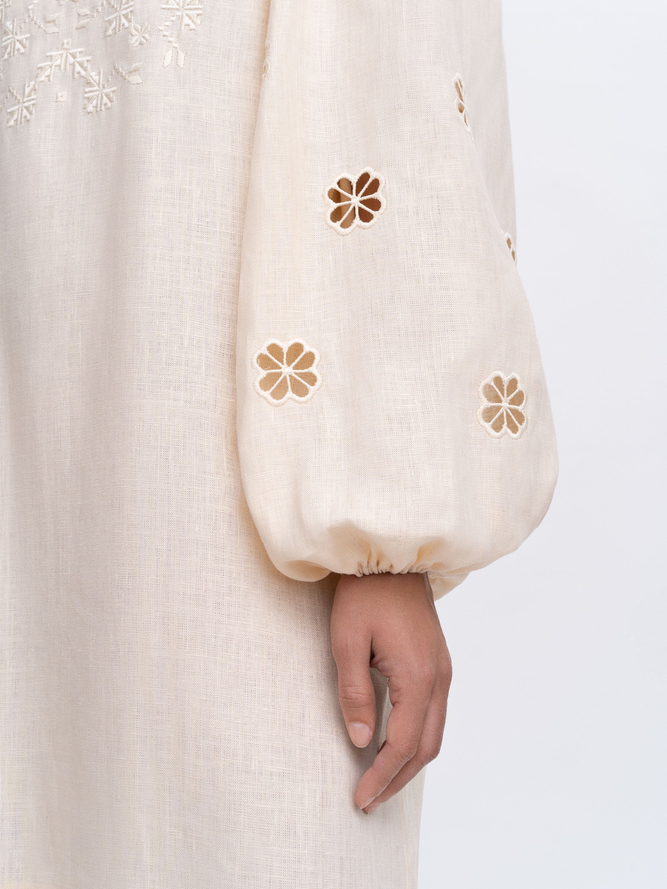 Beige Linen Embroidered Dress Yasmin