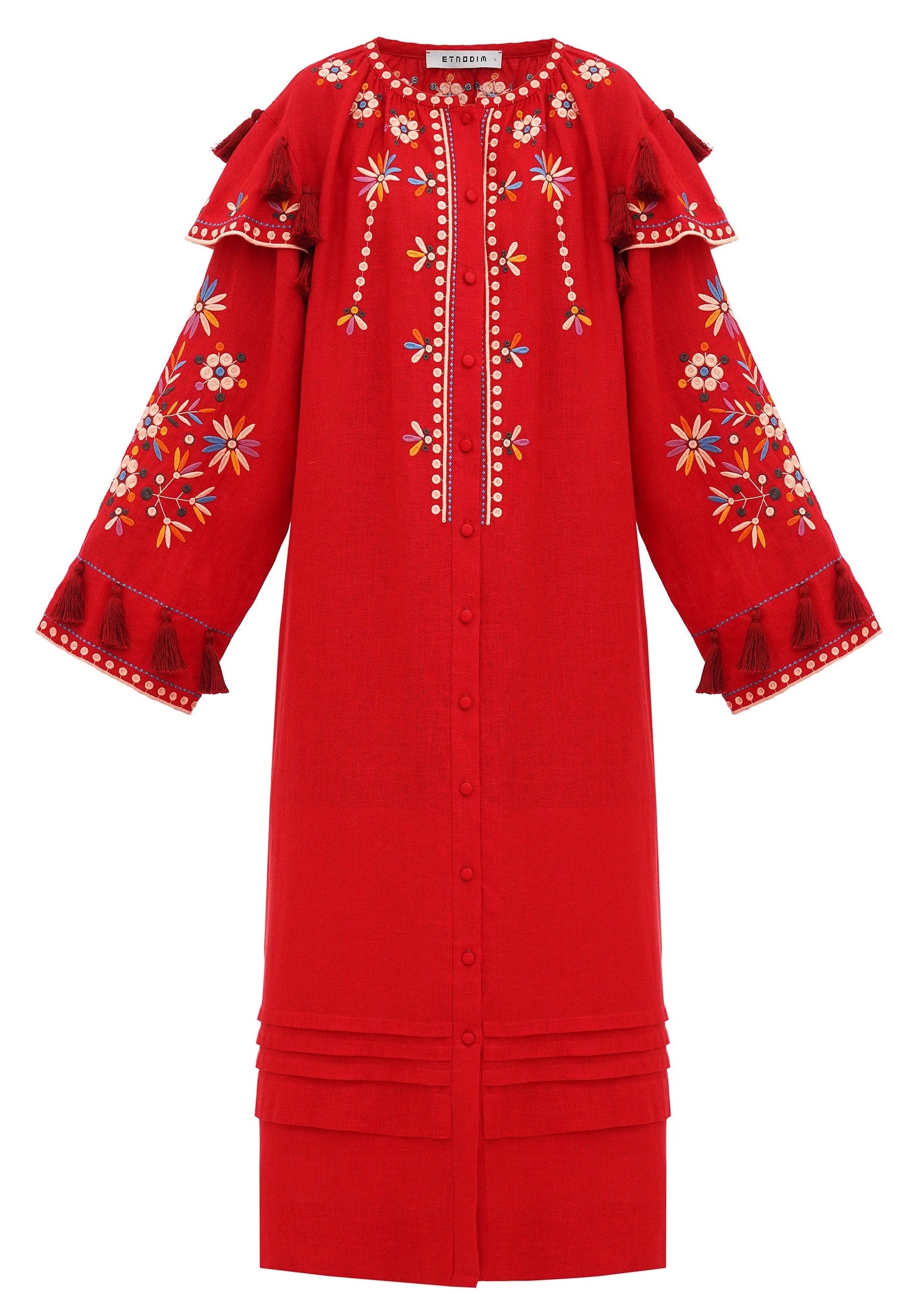 Rochia Vesnyanka roșie brodată cu motive florale și ciucuri
