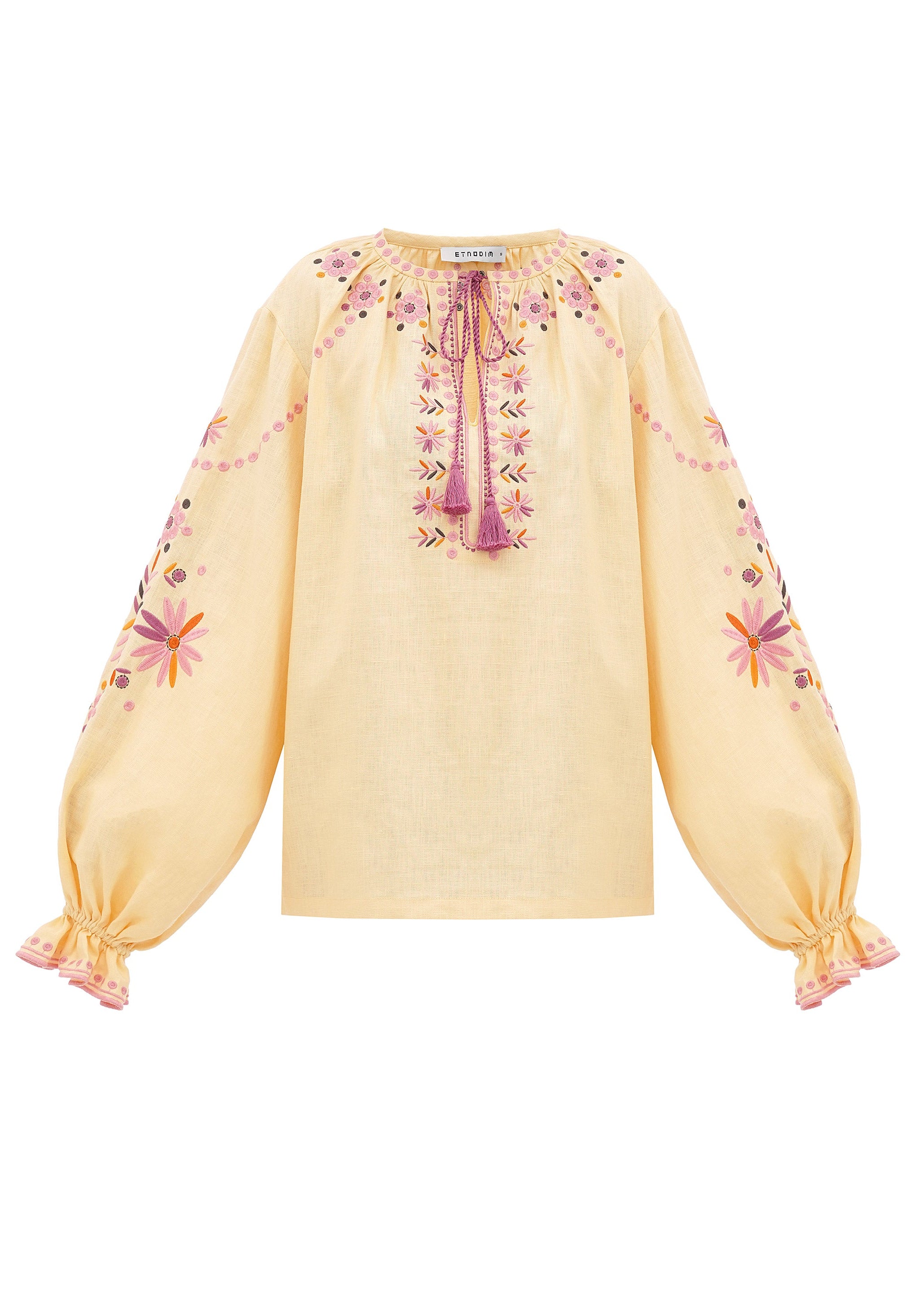 Bluză voluminoasă cu broderie și ornamente florale Kviten