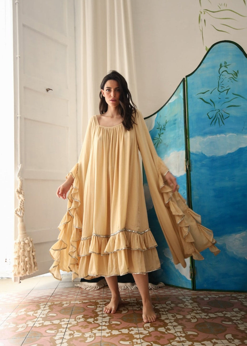 Flowy Cream Blackless Dress with Oversized Ruffle Sleeves