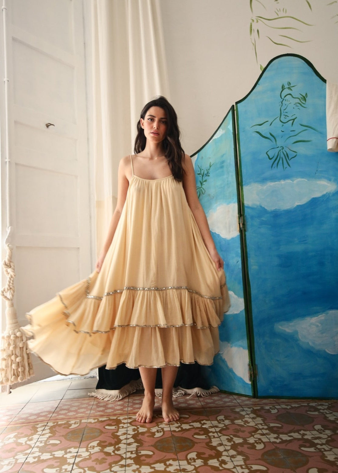 Flowy Cotton Sleeveless Dress with Ruffle Accents