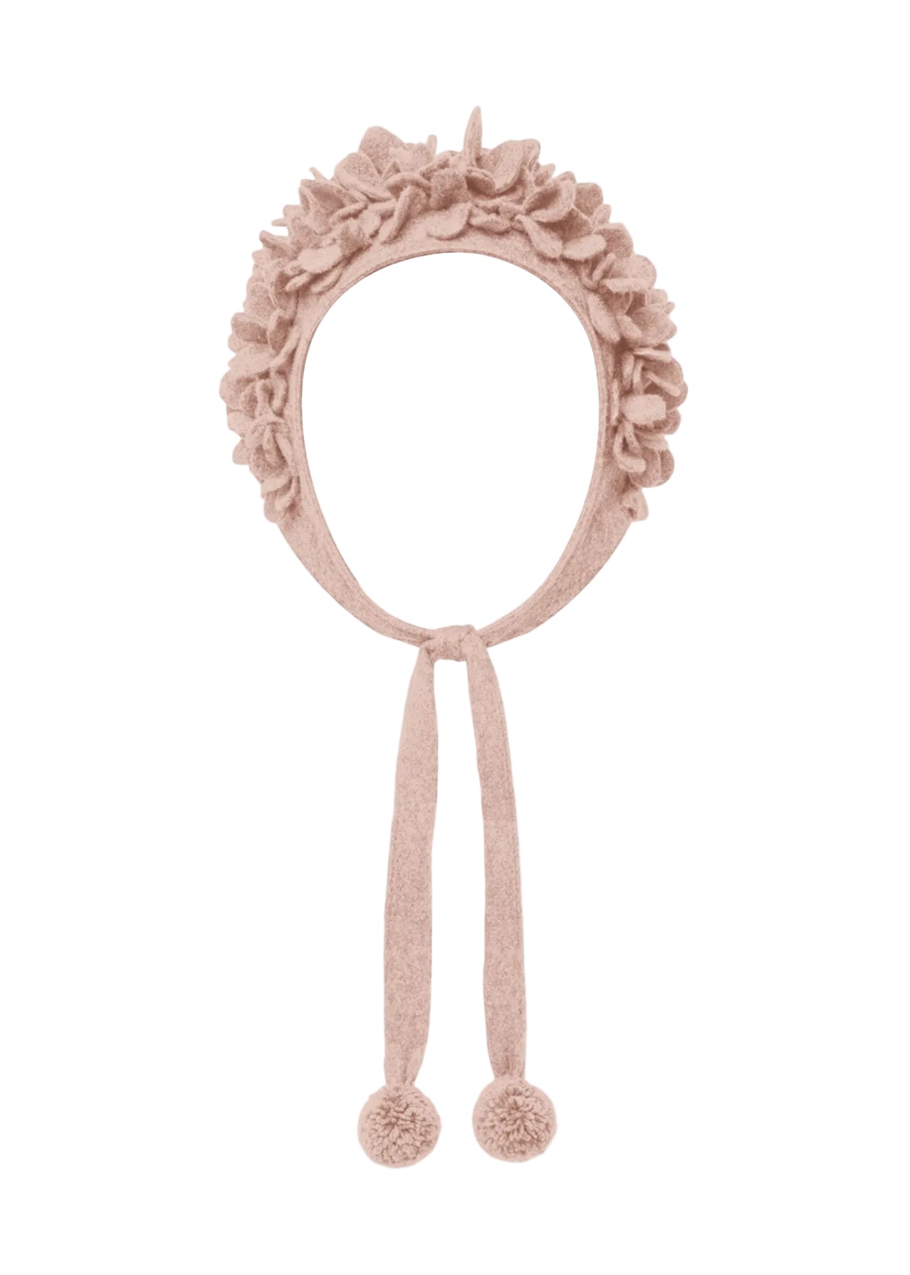 Pink floral headband with pom-pom details on a white background