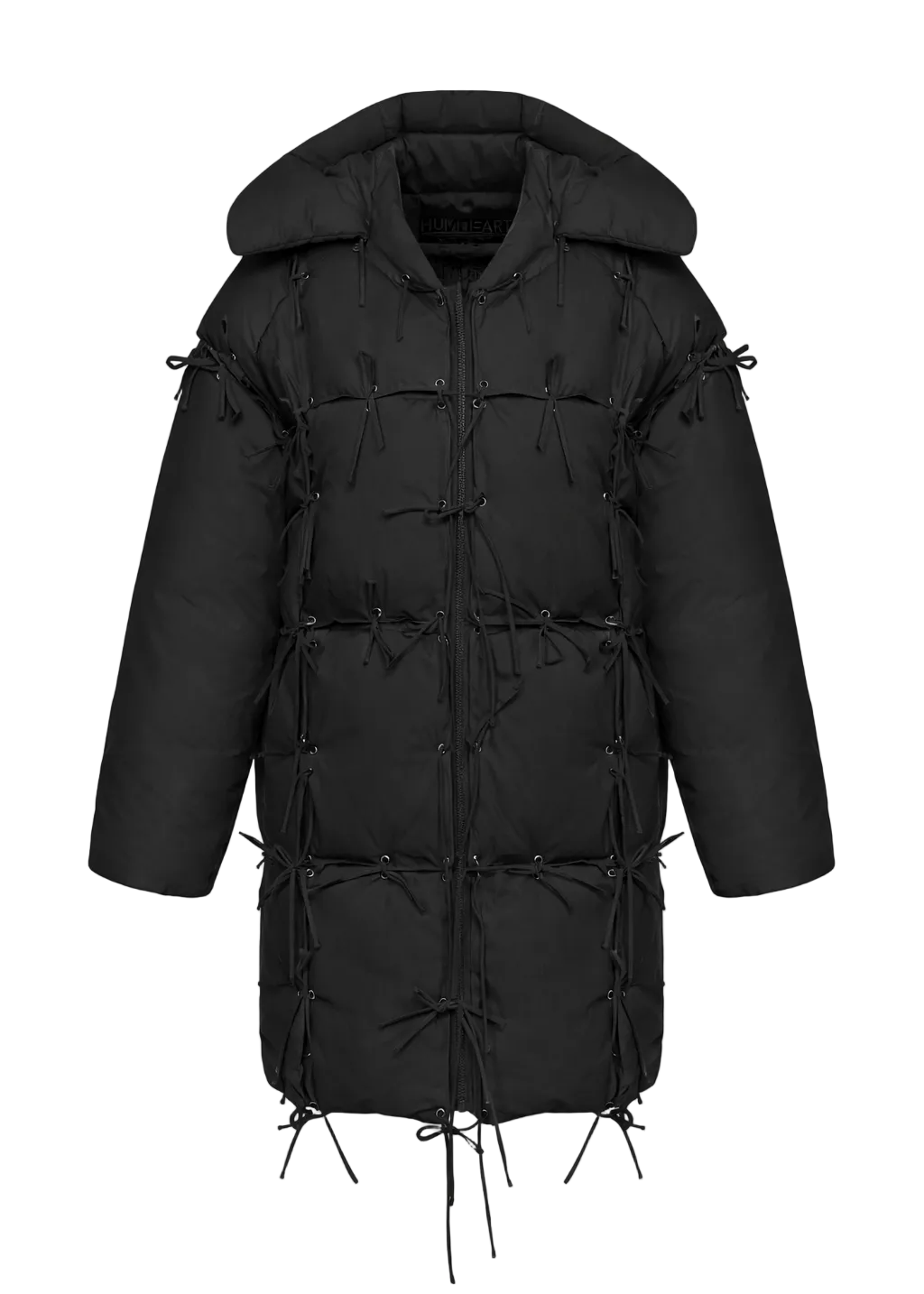 Black puffer jacket with tie details on a white background
