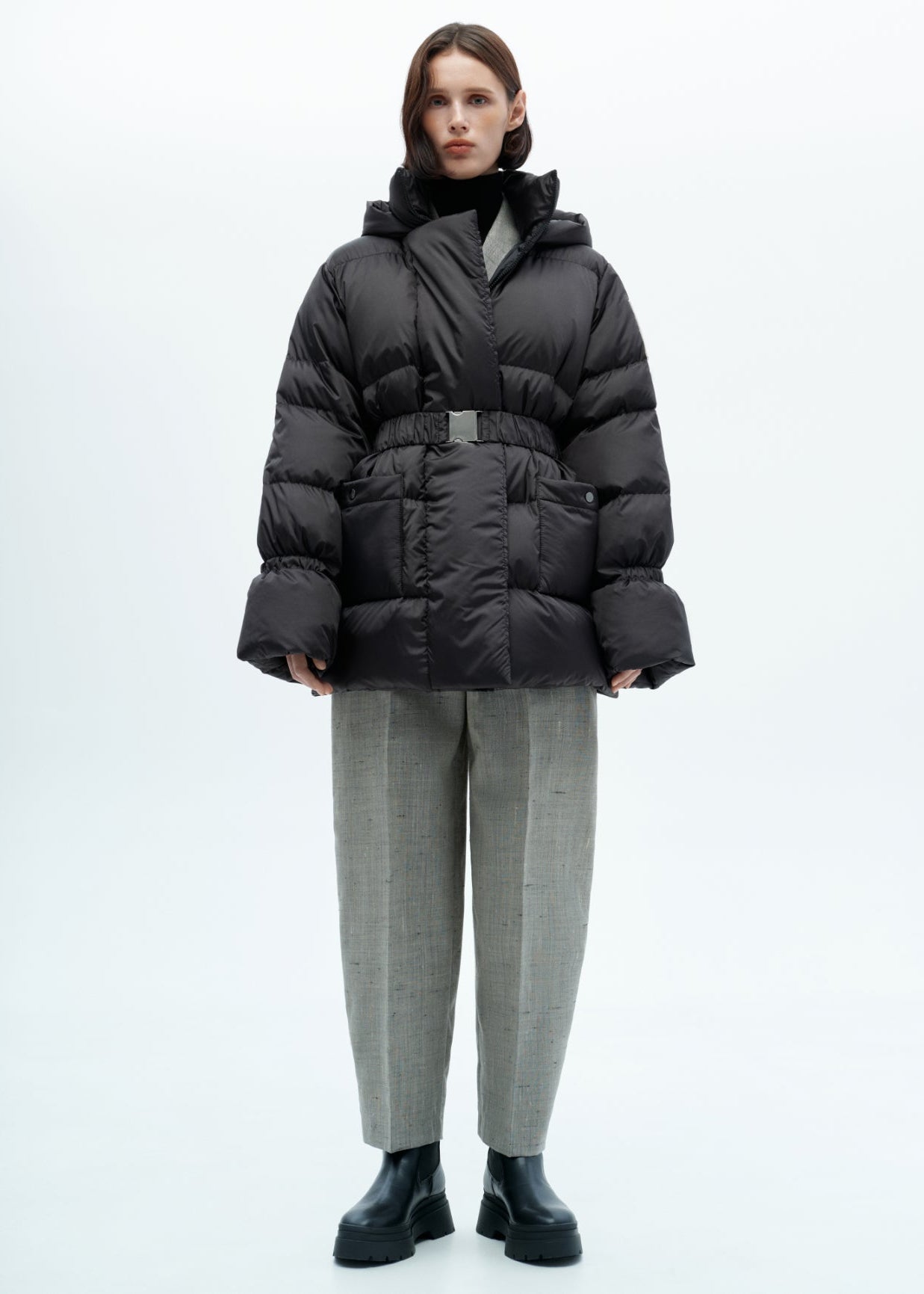 Black Goose-Down Puffer Coat with Adjustable Waist – Winterfall