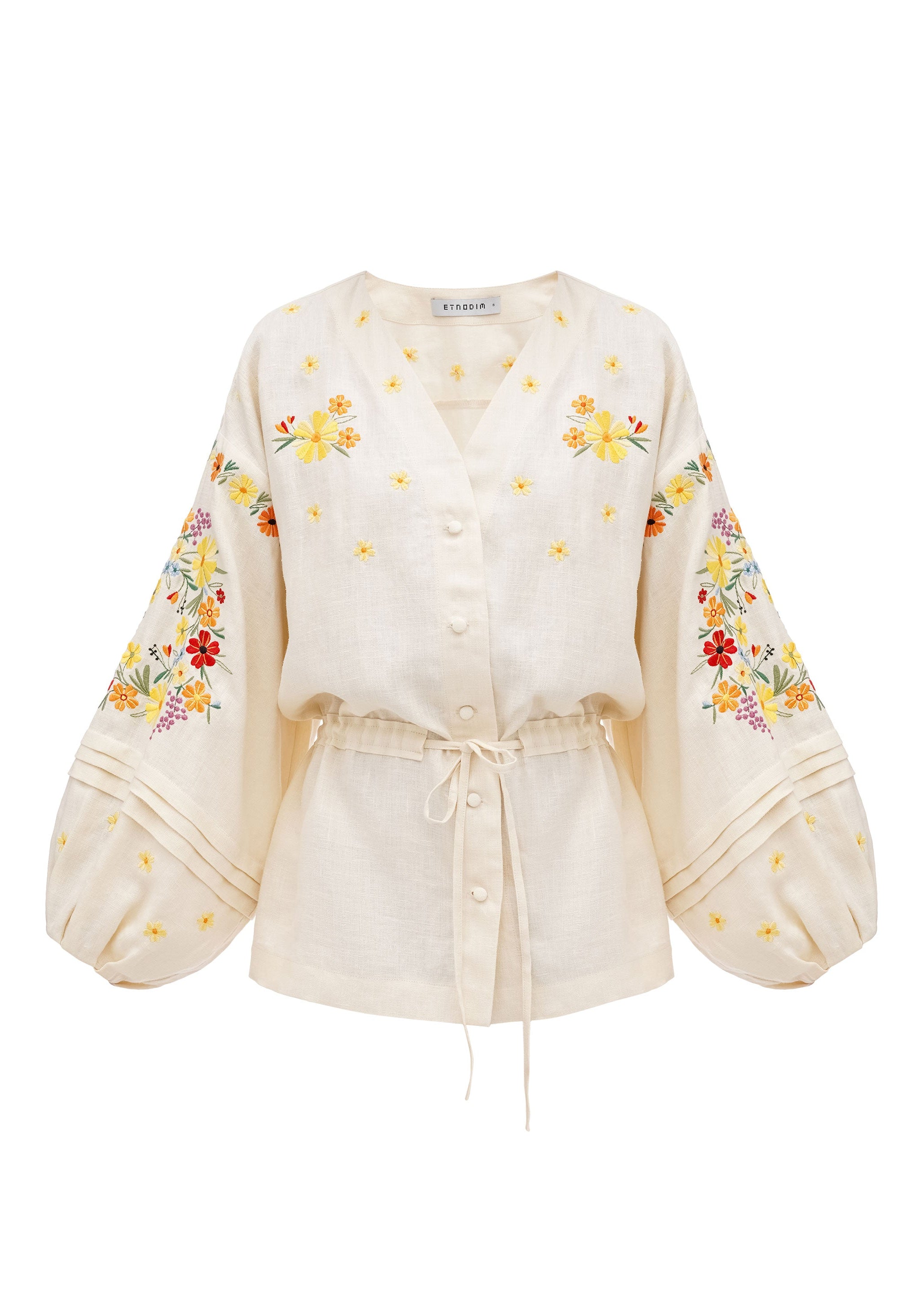 Bluza Budzhak din in natural ușor cu mâneci largi si broderie florală