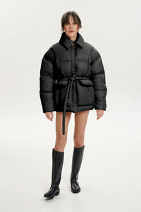 Hooded Puffer Jacket with Scarf Black