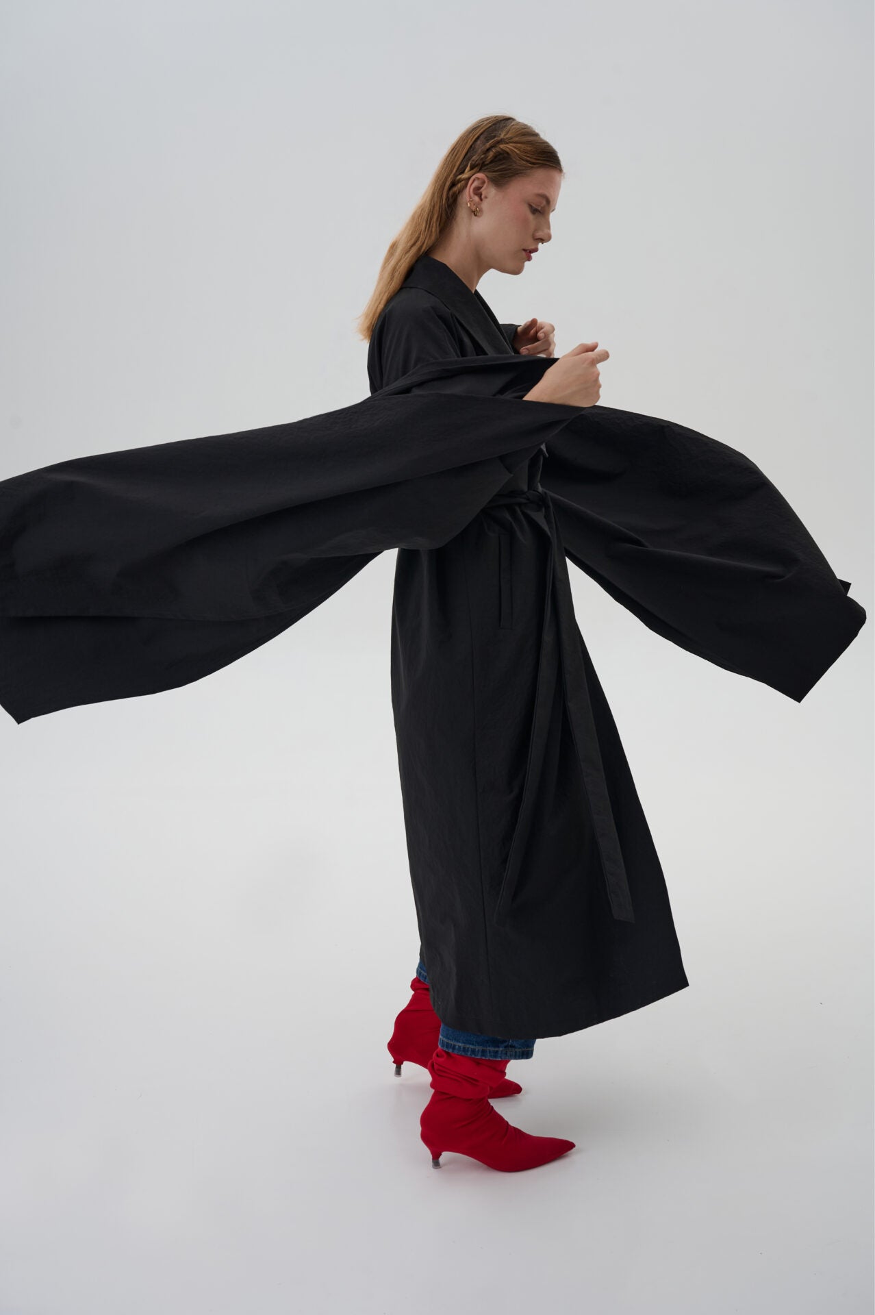 Adjustable Kimono Trench Coat in Black