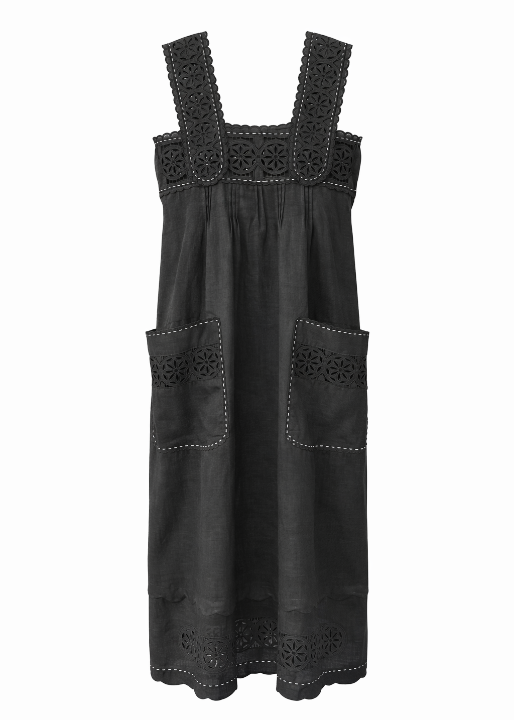 Embroidered Black Linen Dress with Wide Straps – Olympe