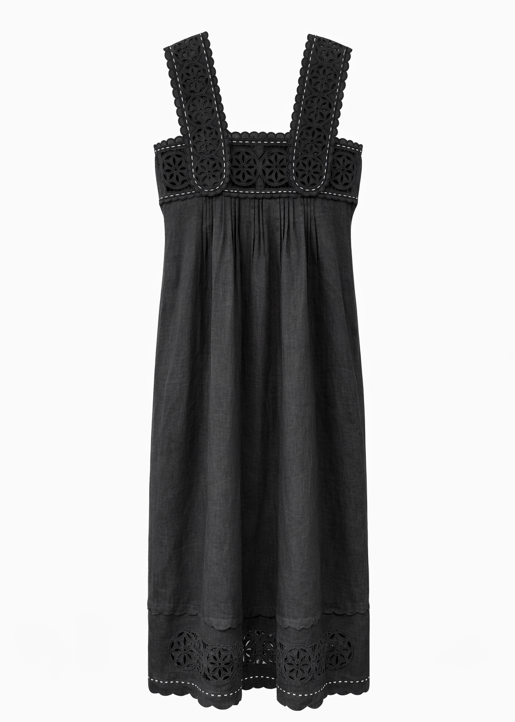 Embroidered Black Linen Dress with Wide Straps – Olympe