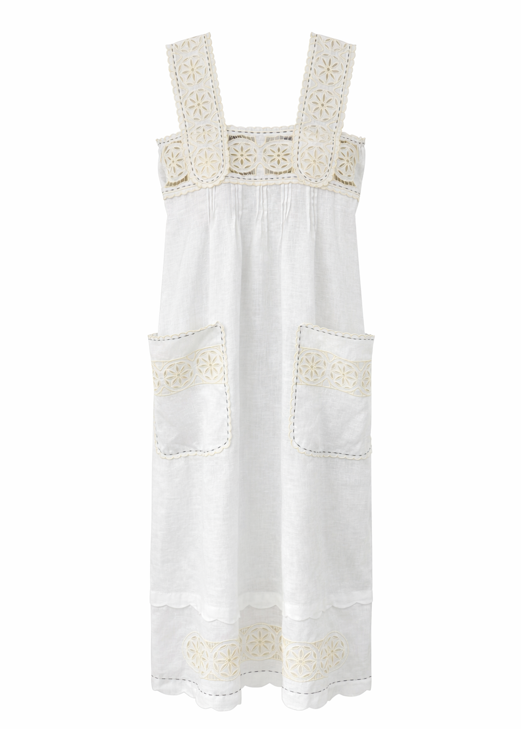 Embroidered Ivory Linen Dress with Wide Straps – Olympe