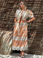 Load image into Gallery viewer, Embroidered midi linen ivory dress with orange ornaments Milo
