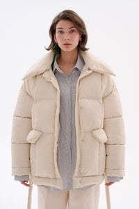 Hooded Puffer Jacket with Scarf Milk