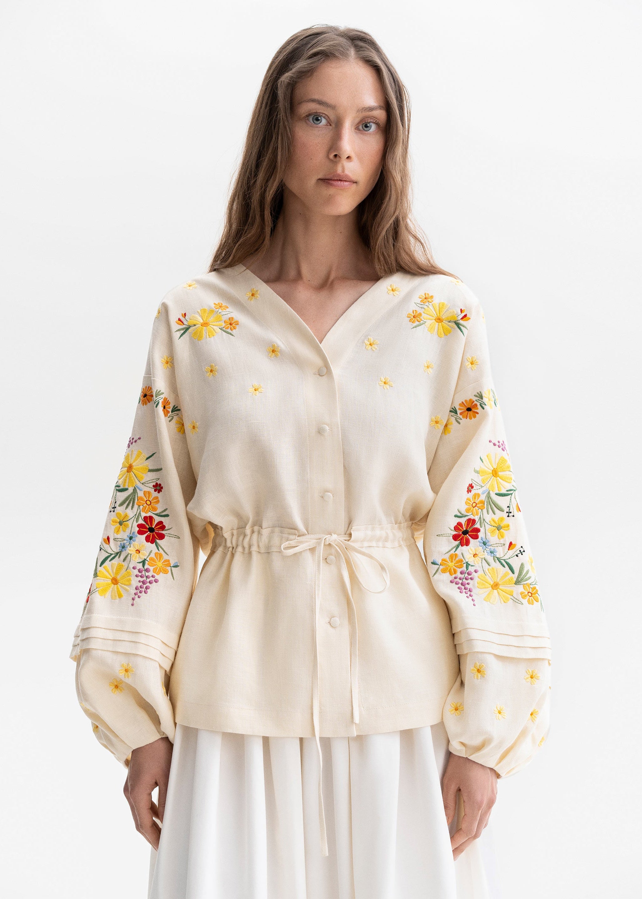 Bluza Budzhak din in natural ușor cu mâneci largi si broderie florală