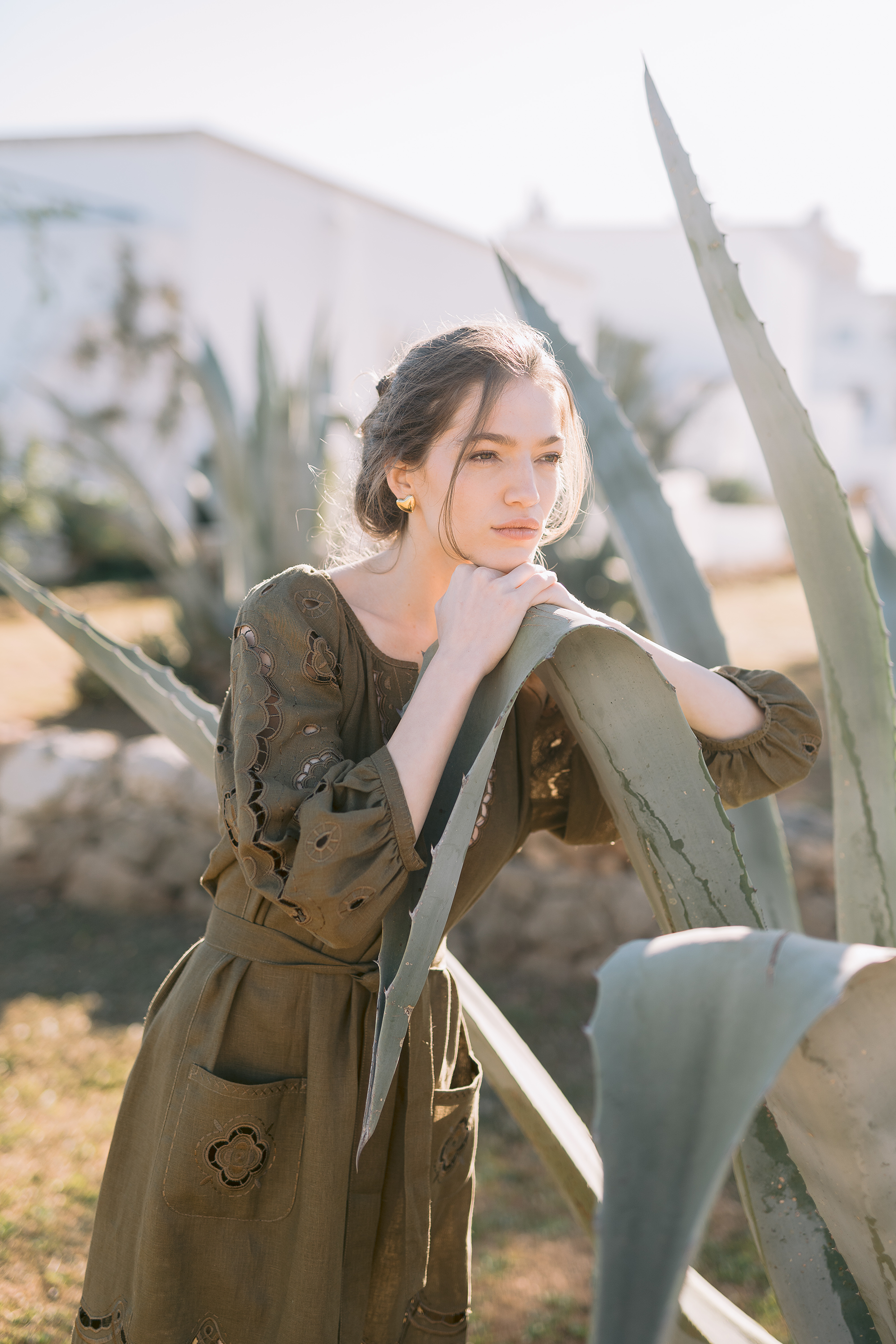 Embroidered midi linen green olive dress with ornaments Laetitia