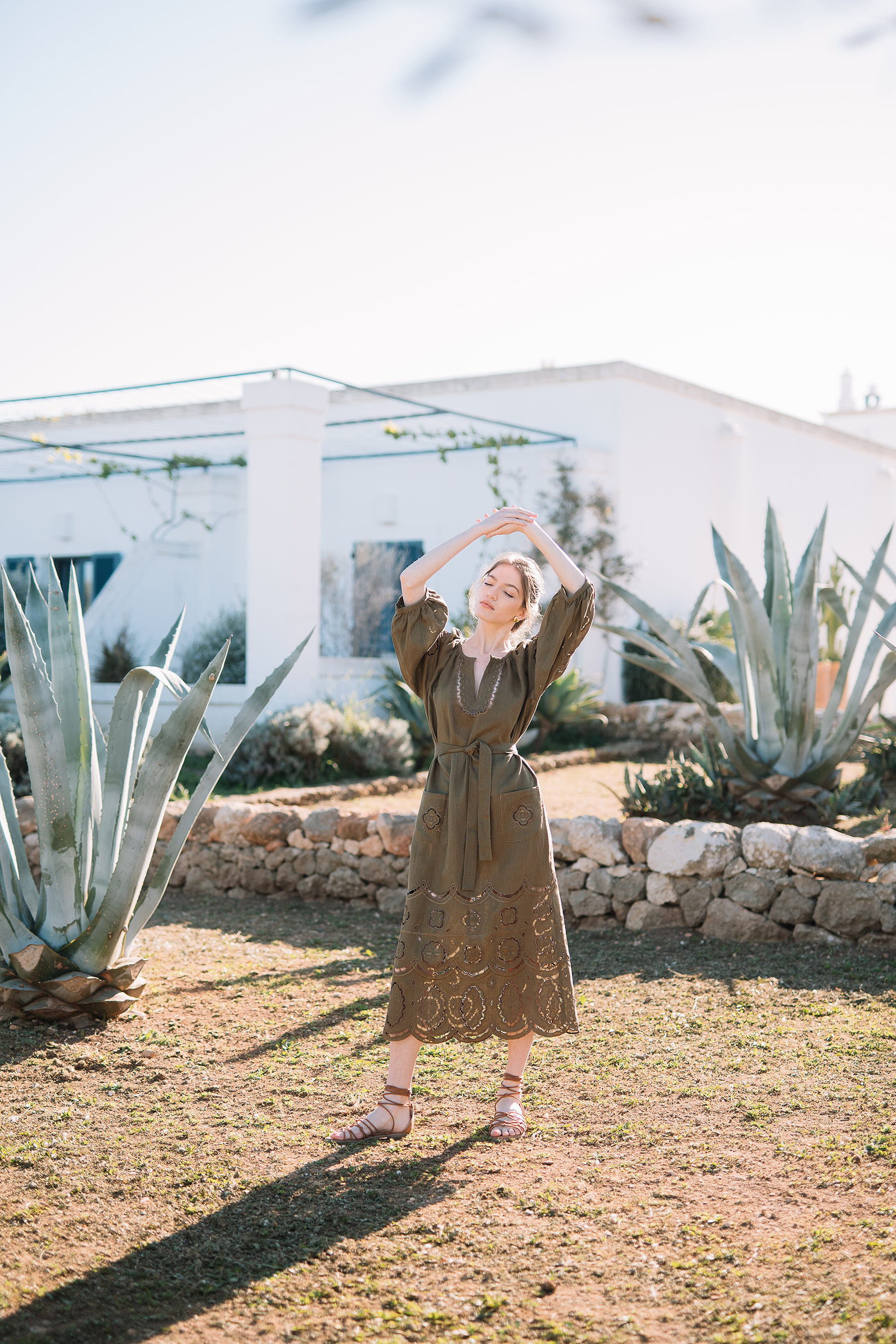 Embroidered midi linen green olive dress with ornaments Laetitia