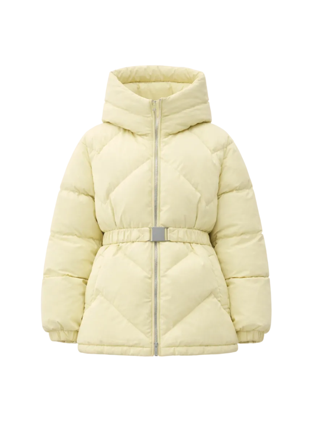 Light yellow puffer jacket with a hood on a white background