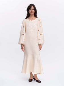 Beige Linen Embroidered Dress Yasmin