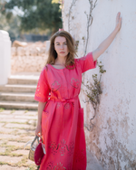 Load image into Gallery viewer, Embroidered midi linen pink dress with ornaments Medeina
