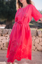 Load image into Gallery viewer, Embroidered midi linen pink dress with ornaments Medeina
