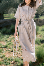 Load image into Gallery viewer, Embroidered midi linen pink dress with ornaments Medeina
