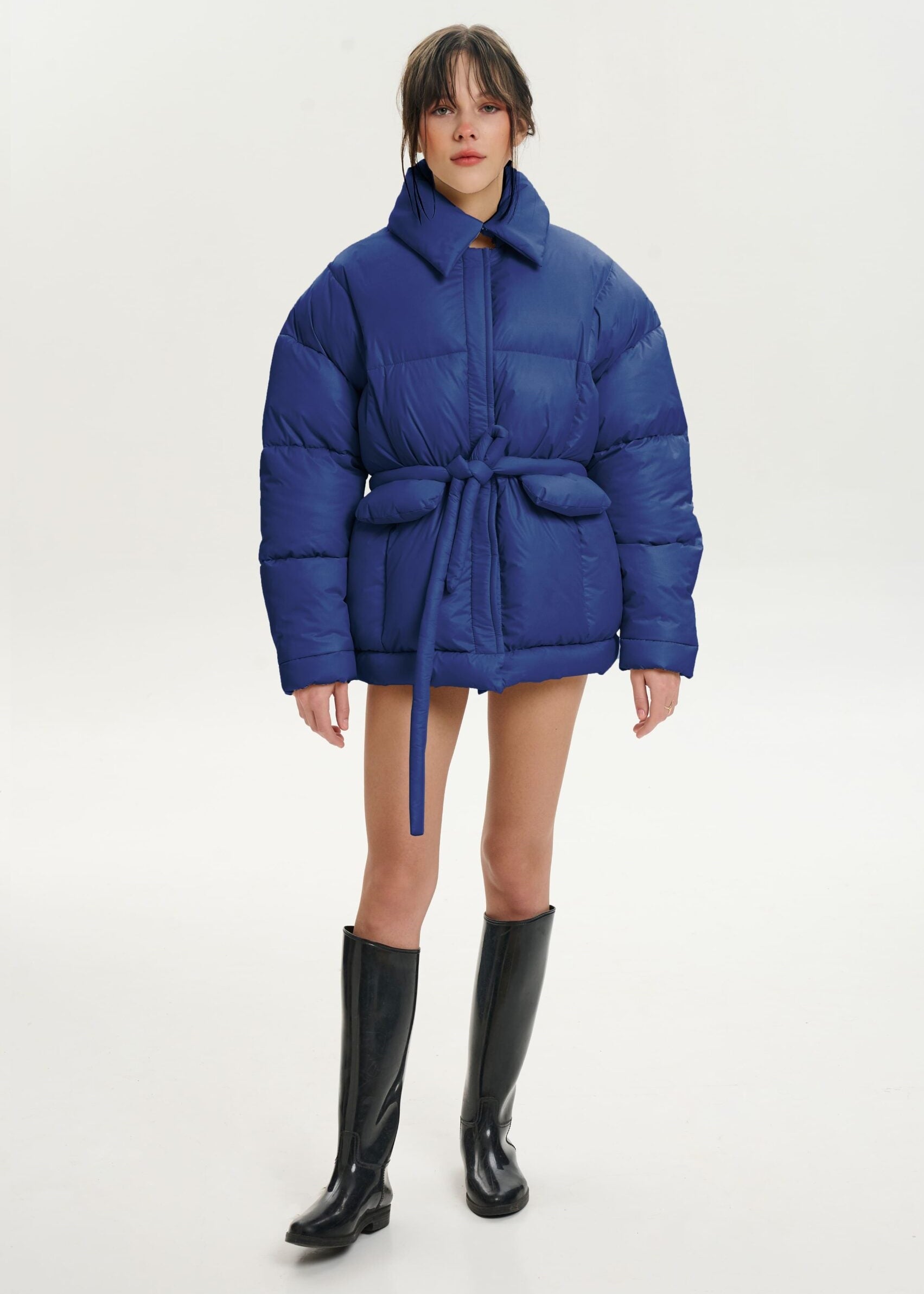 Blue Hooded Goose-Down Puffer Jacket with Bunny Scarf