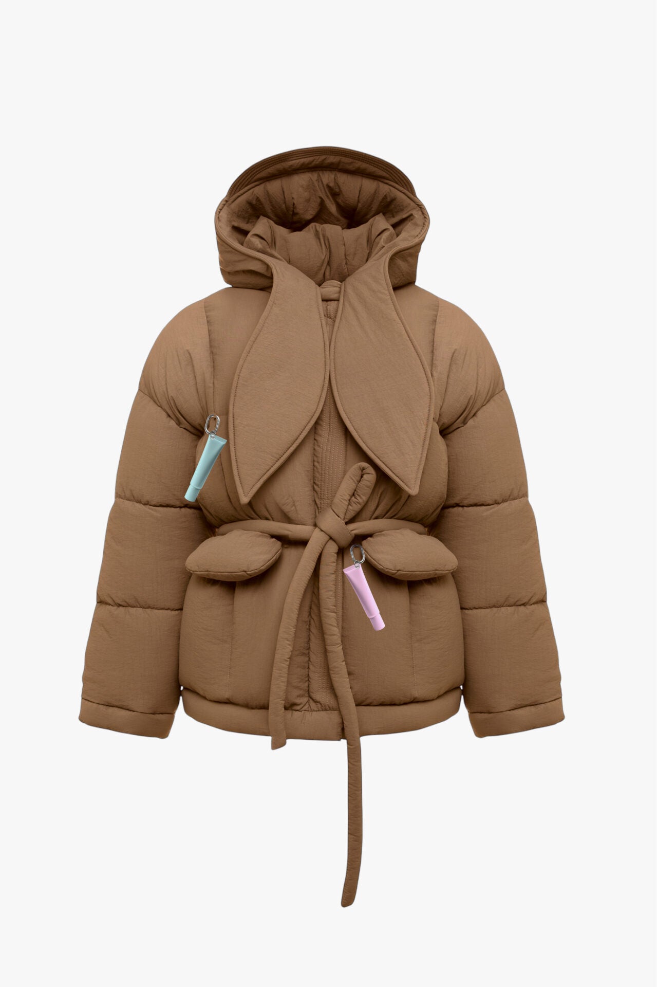 Hooded Puffer Jacket with Bunny Scarf Chocolate