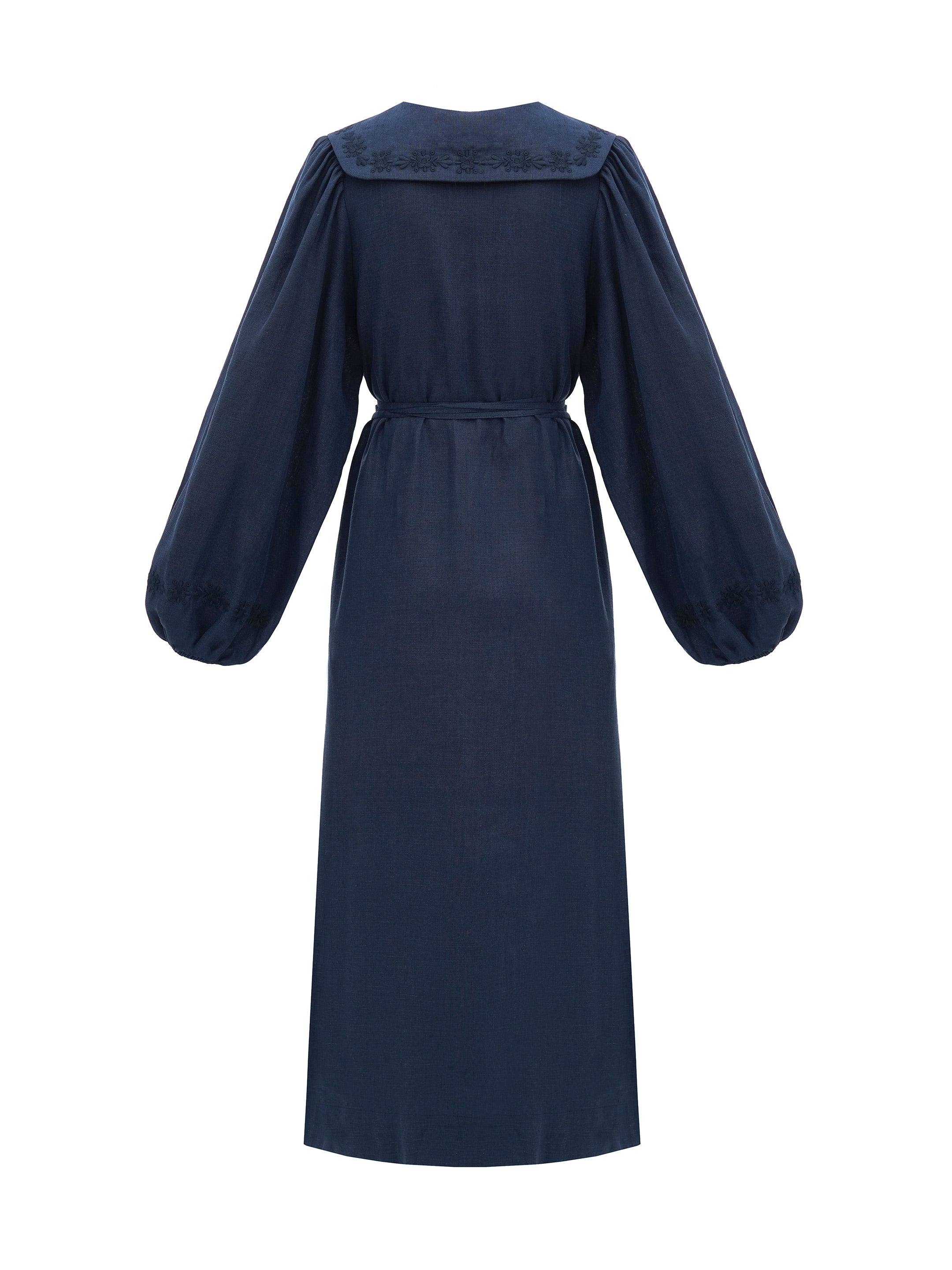 Rochie din in bleumarin cu broderie Pervotsvit