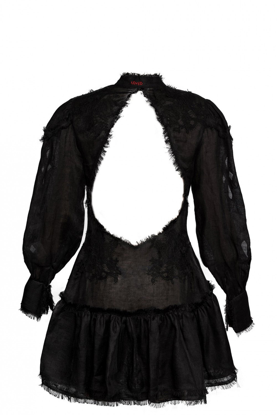 Rochie mini neagră din in brodată cu spatele gol