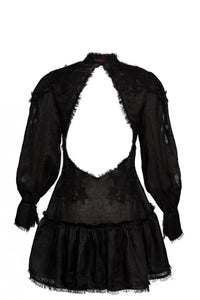 Embroidered semi fitted backless black dress